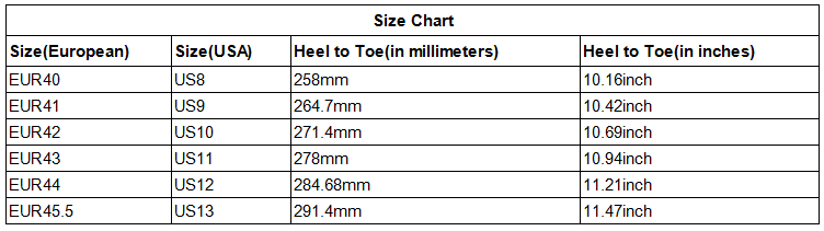 Mustang Shoes Size Chart