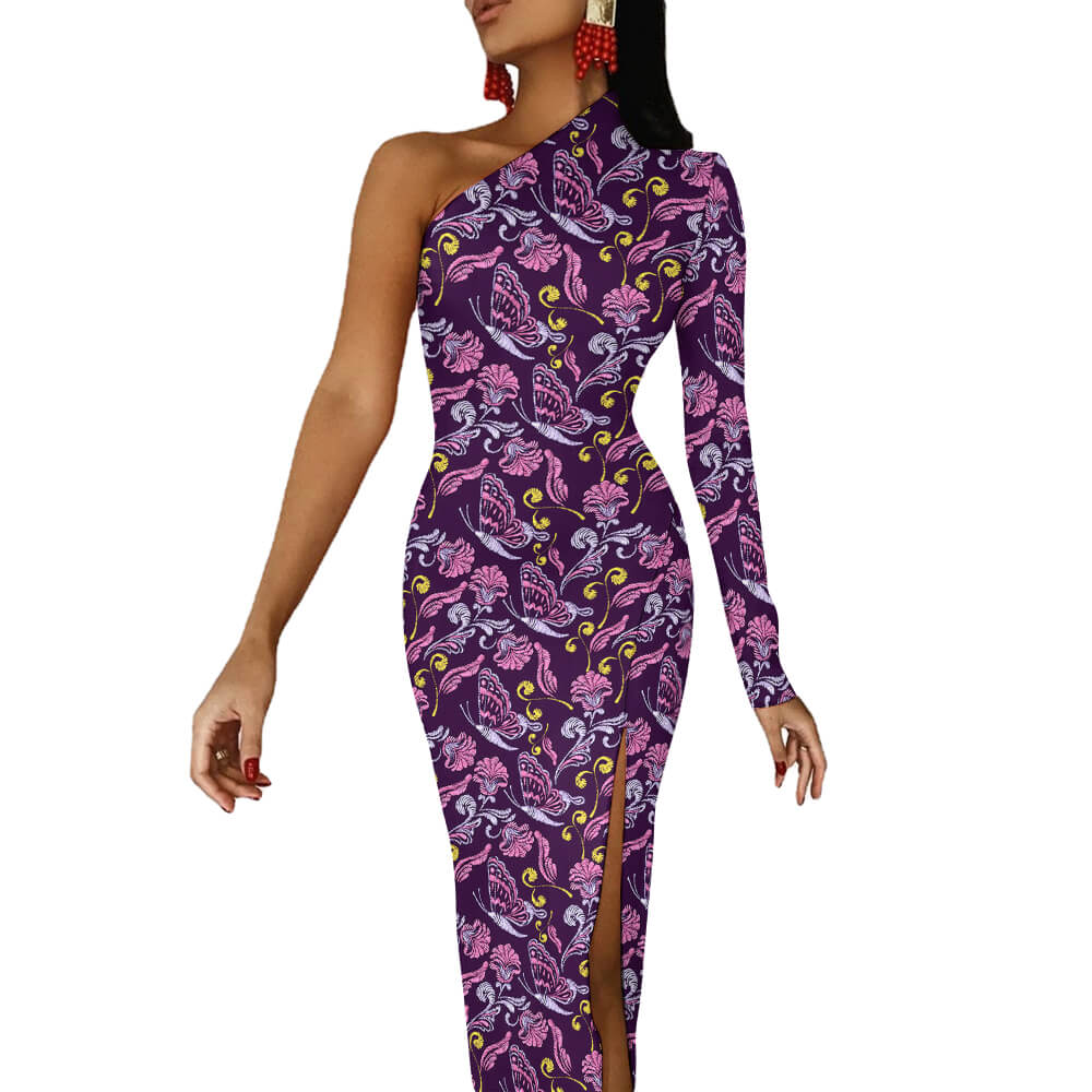 Contrast Print Elegant One-sleeve Slit Maxi Dress main image 0