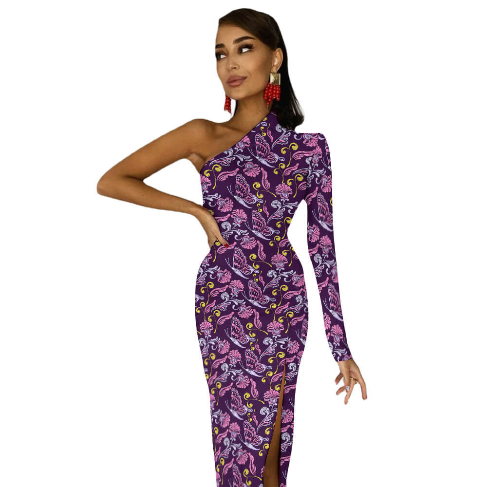 One-Shoulder Long Sleeve Maxi Dress with Side Slit main image 0