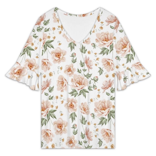 Wave V-neck Ruffled Long Sleeve T-shirt