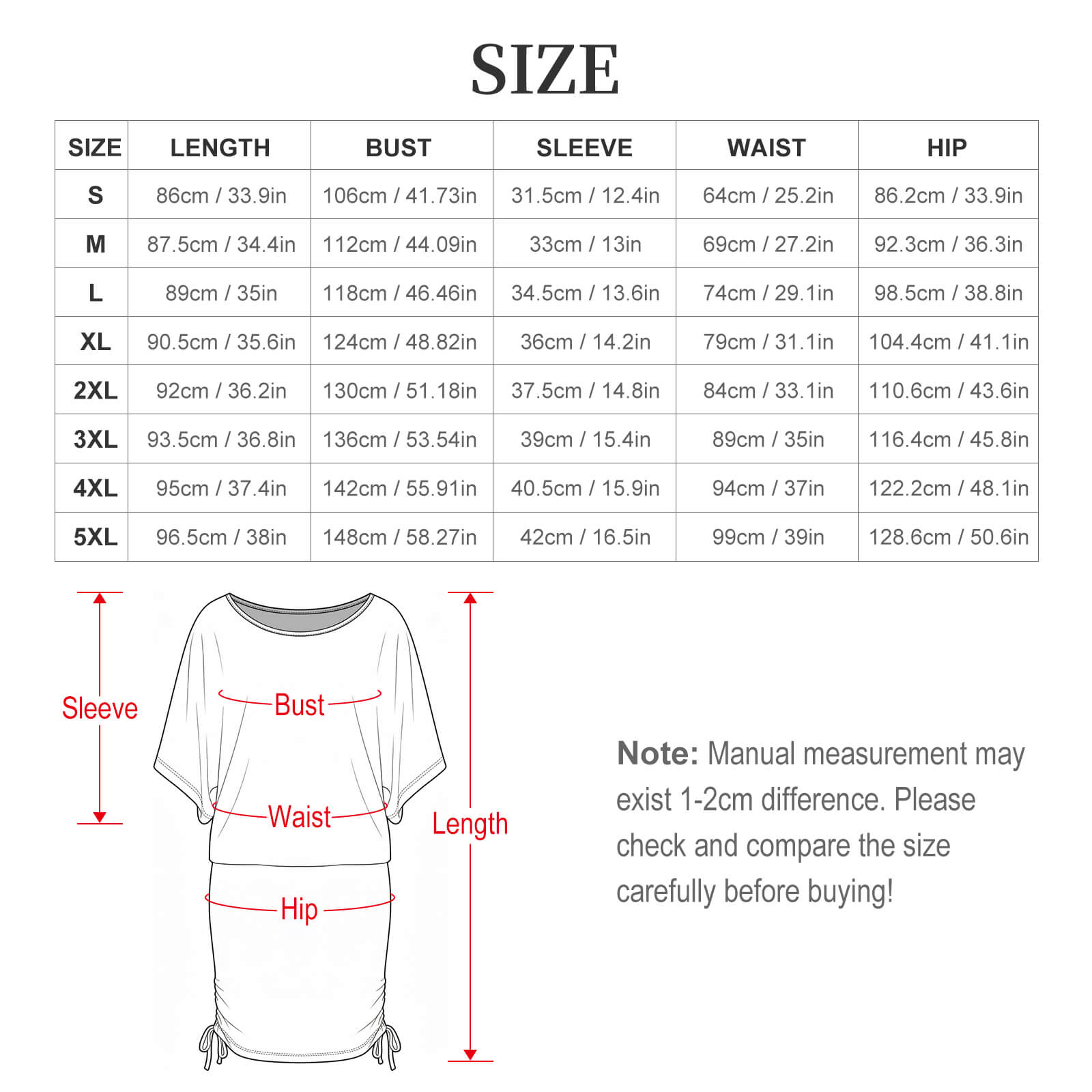 Blue Razz Batwing Sleeve Dress size chart