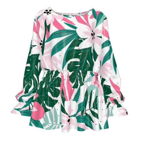 Women’s Round Neck Smocked Waist Long Sleeve Shirt