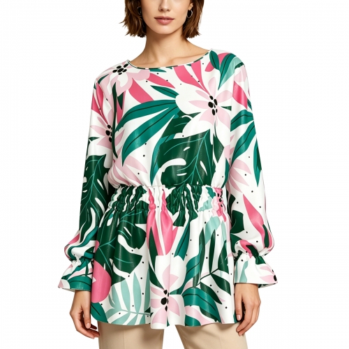 Women’s Round Neck Smocked Waist Long Sleeve Shirt