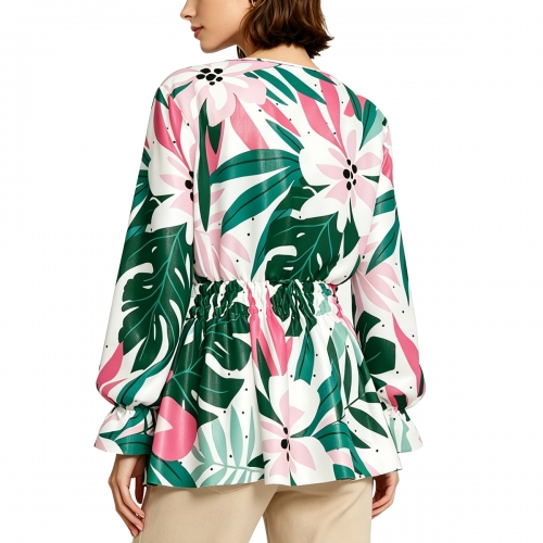 Women’s Round Neck Smocked Waist Long Sleeve Shirt