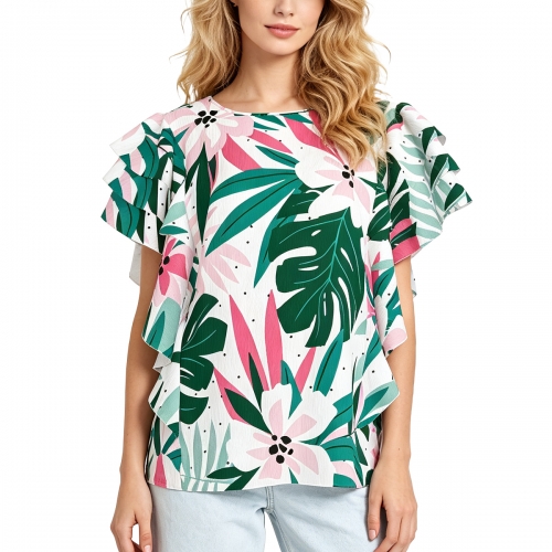 Women's Crew Neck Ruffle Short Sleeve Shirt