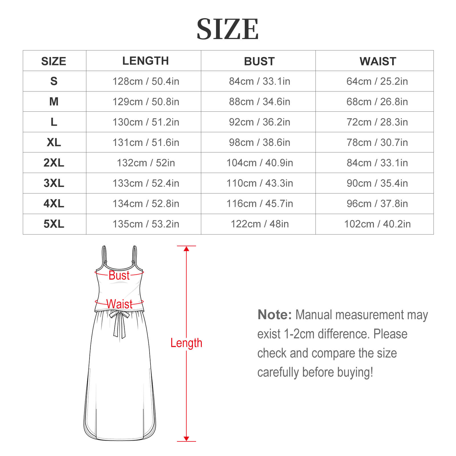 High Society Split Dress size chart