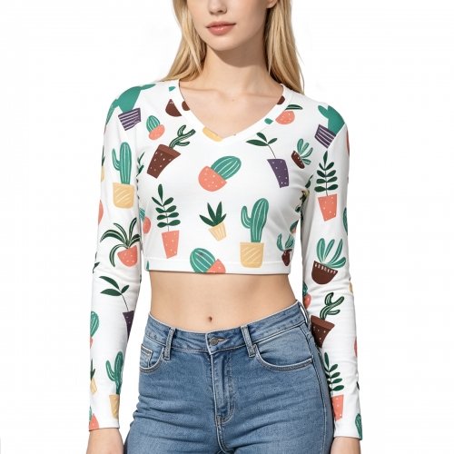 Women's V-Neck Long Sleeve Sun Protection Crop Top