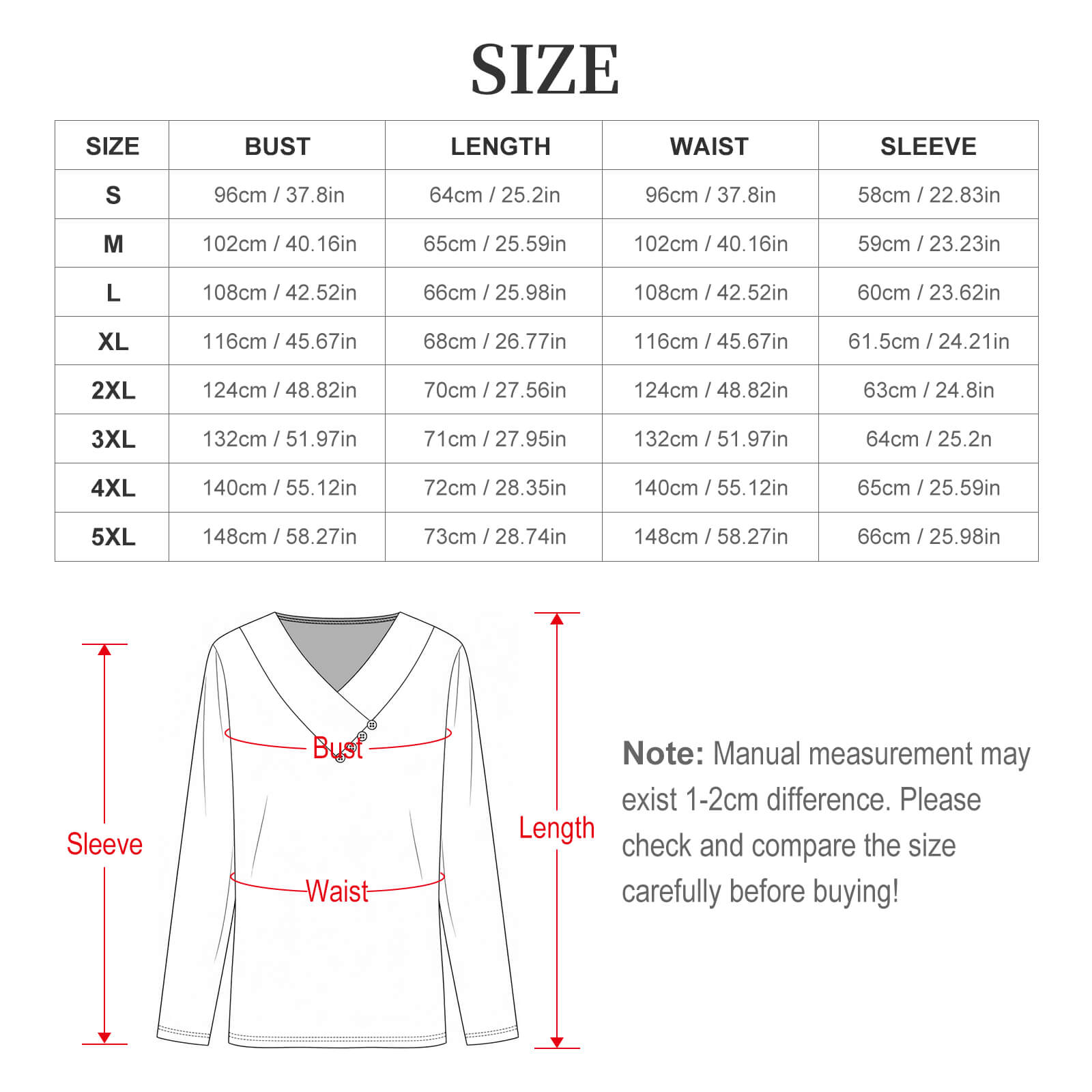 Bongy V-Neck Blouse size chart