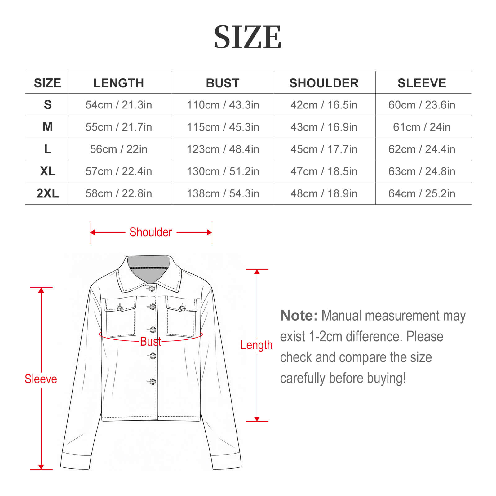 Bongy Denim Cropped Shirt Jacket size chart