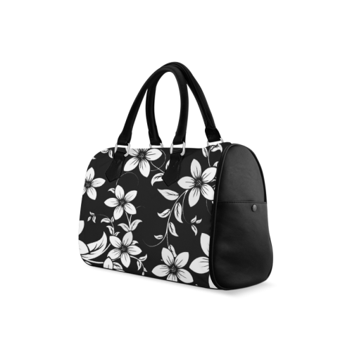 Black And White Designs Patterns Flower Boston Handbag (Model 1621)