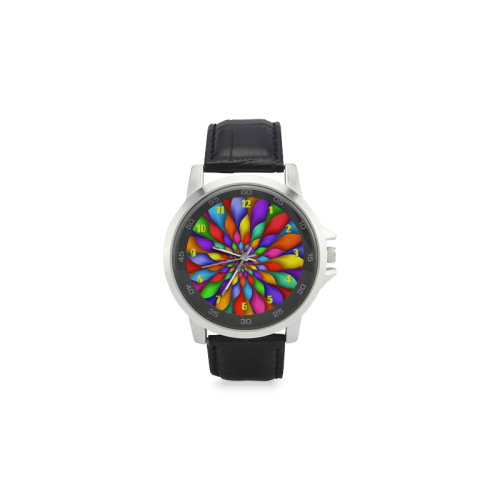 Rainbow Spiral Flower Petals Leather Watch Unisex Stainless Steel Leather Strap Watch(Model 202)