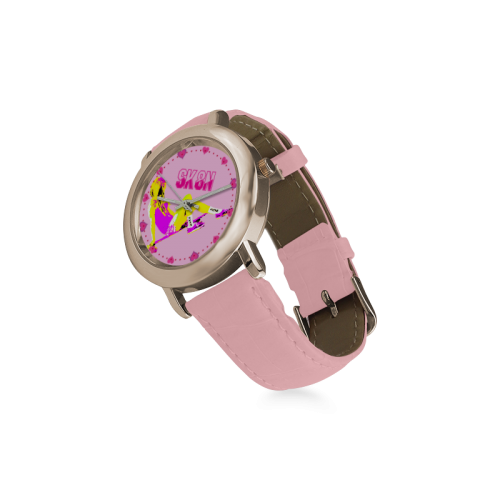 SK8N LONGBOARD GIRL YELLOW PINK Women's Rose Gold Leather Strap Watch(Model 201)