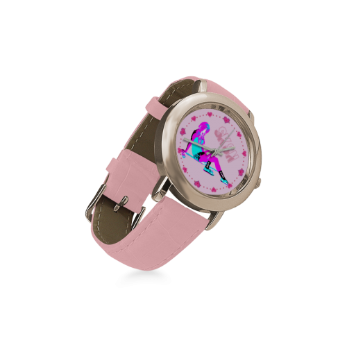 SK8N LONGBOARD GIRL PINK N TURQUOISE Women's Rose Gold Leather Strap Watch(Model 201)