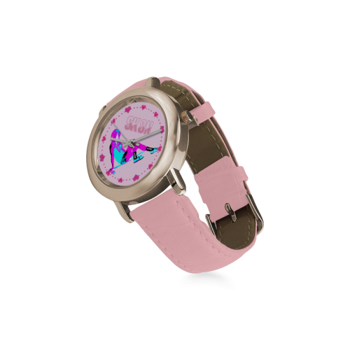 SK8N LONGBOARD GIRL PINK N TURQUOISE Women's Rose Gold Leather Strap Watch(Model 201)