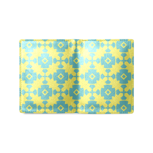 Yellow Teal Geometric Tile Pattern Men's Leather Wallet (Model 1612)