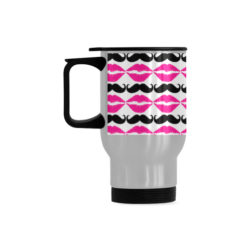 Pink and Black Hipster Mustache and Lips Travel Mug (Silver) (14 Oz)