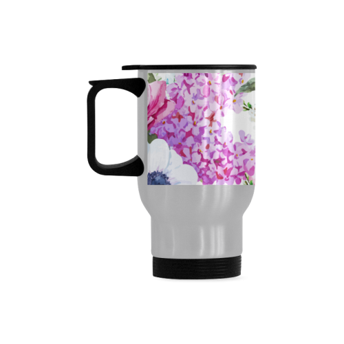 Watercolor Floral Pattern Travel Mug (Silver) (14 Oz)