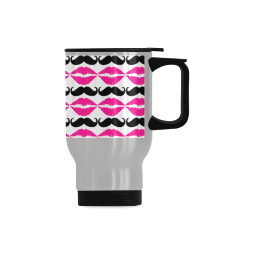 Pink and Black Hipster Mustache and Lips Travel Mug (Silver) (14 Oz)