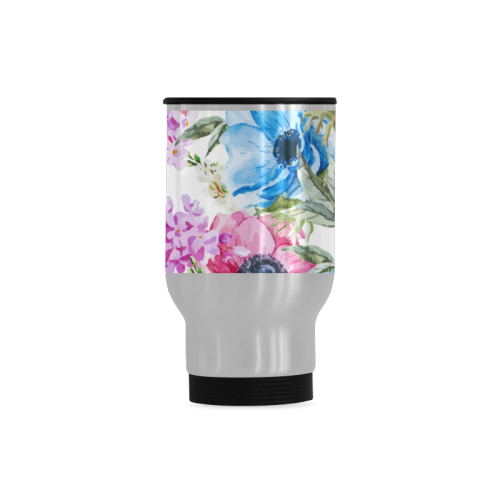 Watercolor Floral Pattern Travel Mug (Silver) (14 Oz)