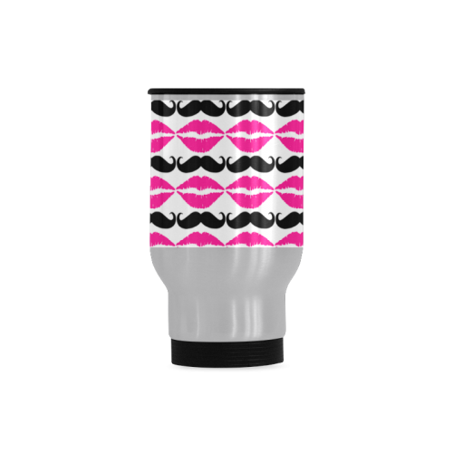 Pink and Black Hipster Mustache and Lips Travel Mug (Silver) (14 Oz)