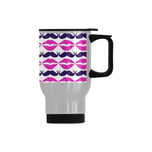 Hot Pink Hipster Mustache and Lips Travel Mug (Silver) (14 Oz)