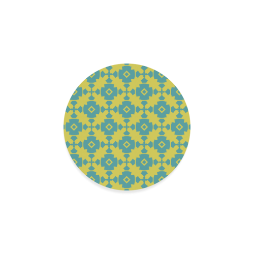 Yellow Teal Geometric Tile Pattern Round Coaster