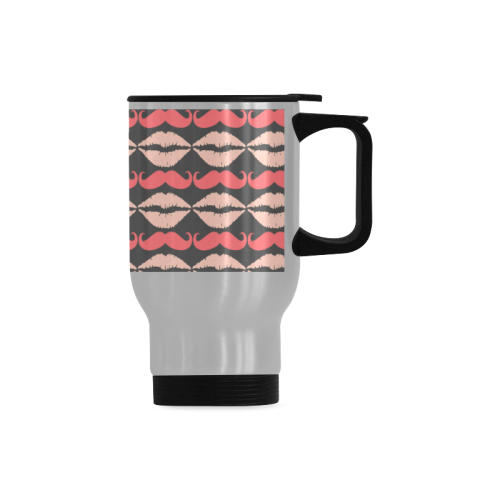 Pink Gray Hipster Mustache and Lips Travel Mug (Silver) (14 Oz)