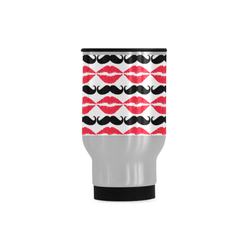 Red and Black Hipster Mustache and Lips Travel Mug (Silver) (14 Oz)