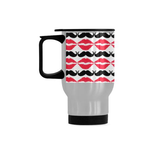 Red and Black Hipster Mustache and Lips Travel Mug (Silver) (14 Oz)