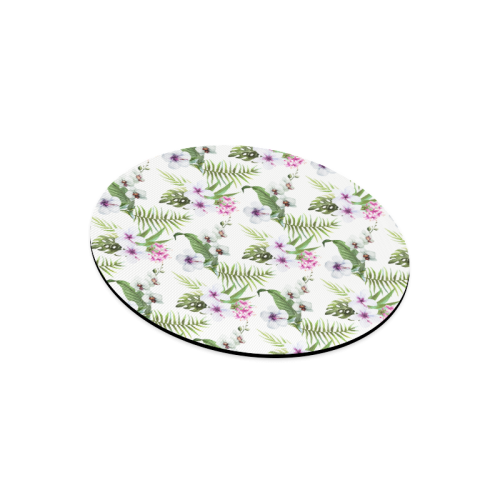 Tropical Hibiscus and Palm Leaves Round Mousepad