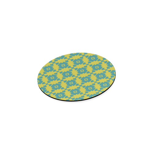 Yellow Teal Geometric Tile Pattern Round Coaster
