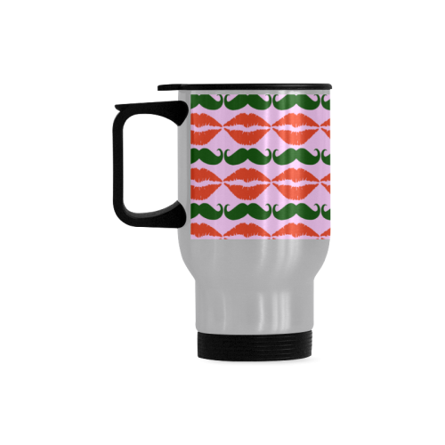 Red and Green Hipster Mustache and Lips Travel Mug (Silver) (14 Oz)
