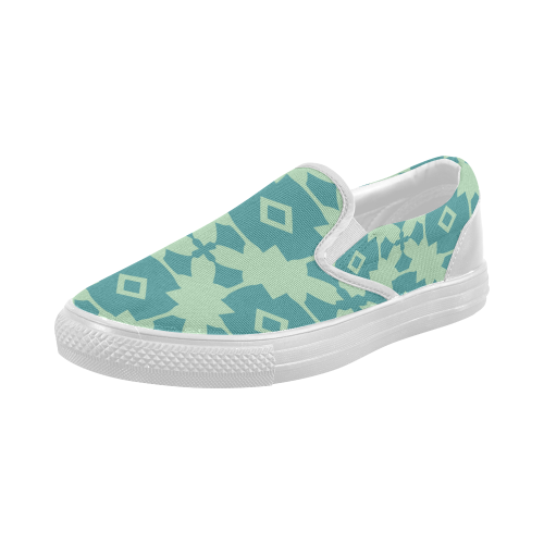 Teal Mint Geometric Tile Pattern Women's Slip-on Canvas Shoes (Model 019)