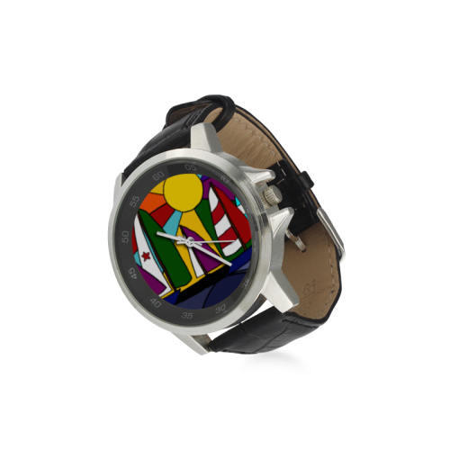 Fantastic Sailboats Sailing Abstract Art Unisex Stainless Steel Leather Strap Watch(Model 202)