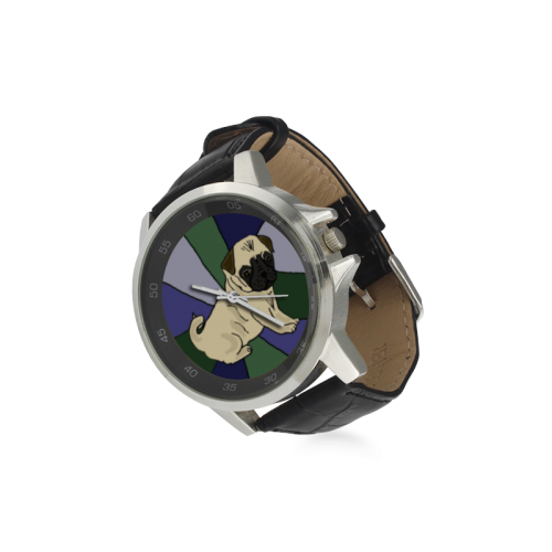 Artistic Pug Puppy Dog Unisex Stainless Steel Leather Strap Watch(Model 202)