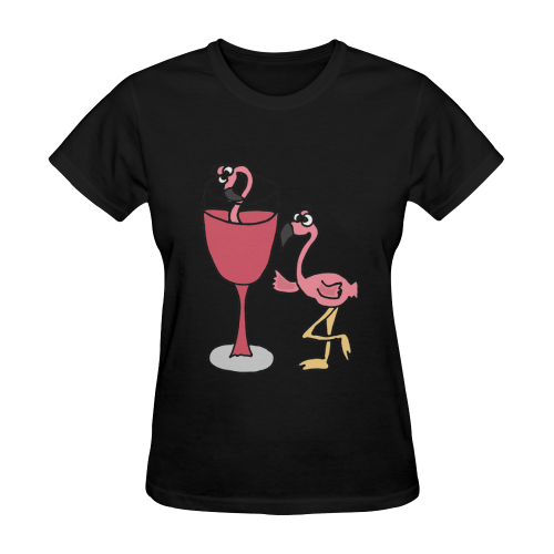 Funny Pink Flamingo Drinking Wine Sunny Women's T-shirt (Model T05)
