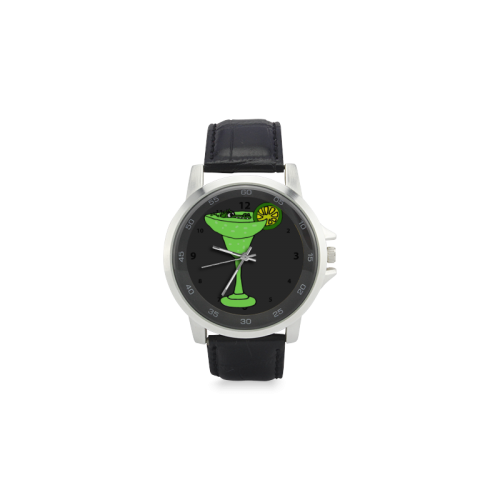 Funny Alligator in Martini Glass Unisex Stainless Steel Leather Strap Watch(Model 202)