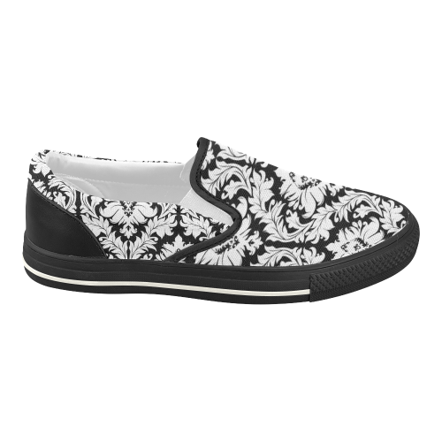 Black and White Damask Pattern Women's Slip-on Canvas Shoes (Model 019)