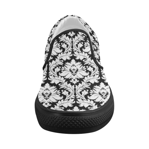 Black and White Damask Pattern Women's Slip-on Canvas Shoes (Model 019)