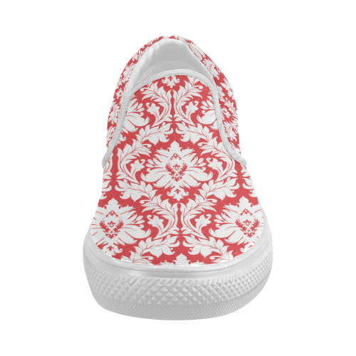 Red and White Damask pattern Women's Slip-on Canvas Shoes (Model 019)