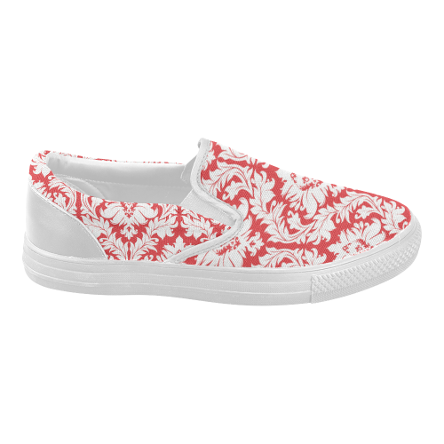 Red and White Damask pattern Women's Slip-on Canvas Shoes (Model 019)