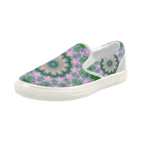 Rose Pink Green Explosion of Flowers Mandala Women's Slip-on Canvas Shoes (Model 019)