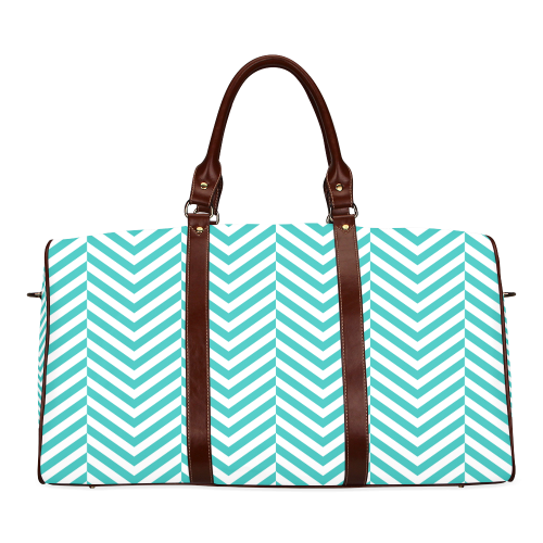 turquoise and white classic chevron pattern Waterproof Travel Bag/Large (Model 1639)