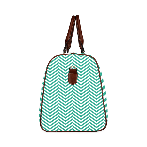 emerald green and white classic chevron pattern Waterproof Travel Bag/Large (Model 1639)