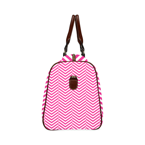 hot pink and white classic chevron pattern Waterproof Travel Bag/Large (Model 1639)