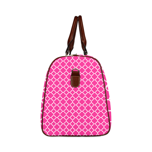 hot pink white quatrefoil classic pattern Waterproof Travel Bag/Large (Model 1639)