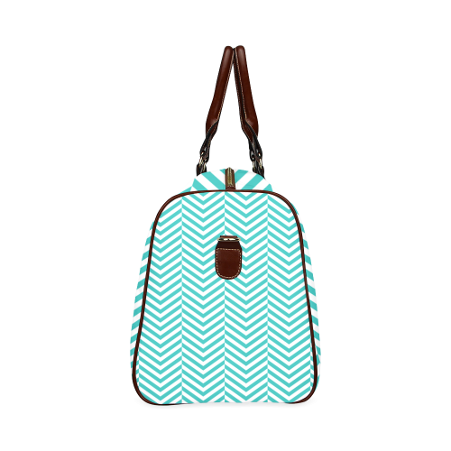 turquoise and white classic chevron pattern Waterproof Travel Bag/Large (Model 1639)