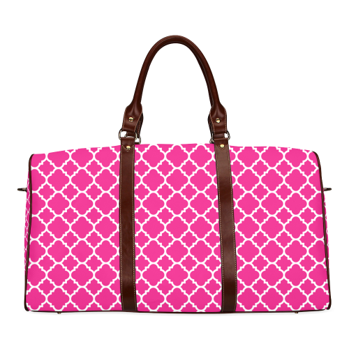 hot pink white quatrefoil classic pattern Waterproof Travel Bag/Large (Model 1639)