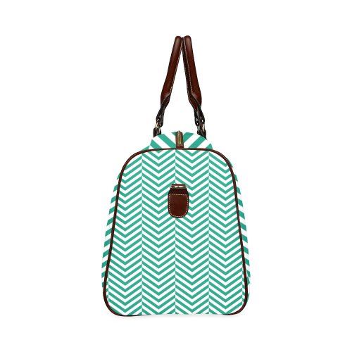 emerald green and white classic chevron pattern Waterproof Travel Bag/Large (Model 1639)