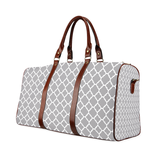 grey white quatrefoil classic pattern Waterproof Travel Bag/Large (Model 1639)